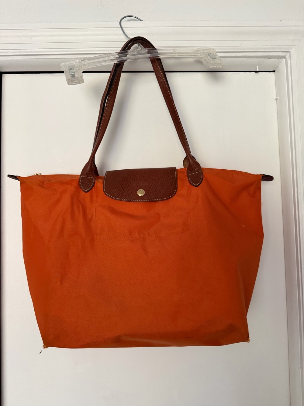 Longchamp Large Tote in Bright Orange with Brown Trim